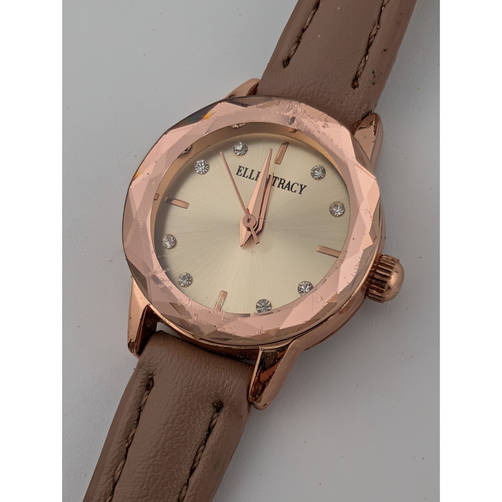 Ellen Tracy Watch Women 22mm Rose Gold Case Beige Faux Leather Band- New Battery